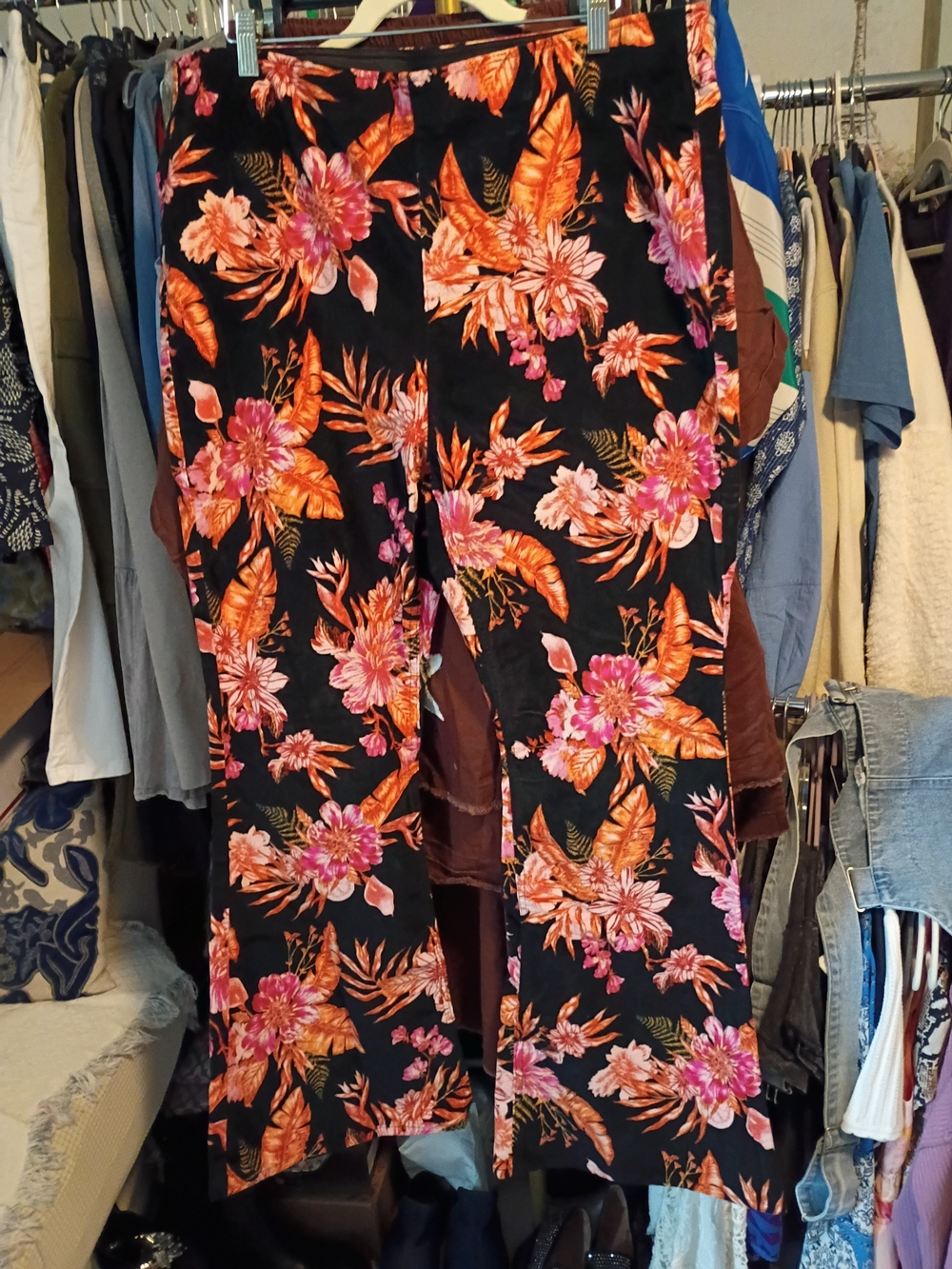 No Boundaries Black Wide-Leg Pants with Pink & Orange Floral Print